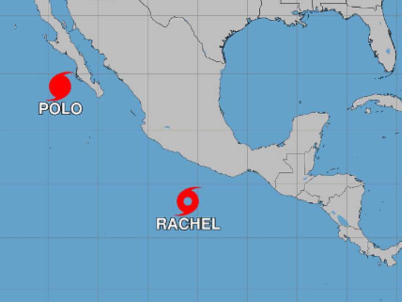 Rachel coincide en el Pacífico con Polo, que permaneció como huracán categoría 3, con vientos sostenidos de 205 kilómetros por hora, a 445 kilómetros al oeste de Cabo San Lucas, Baja California Sur.