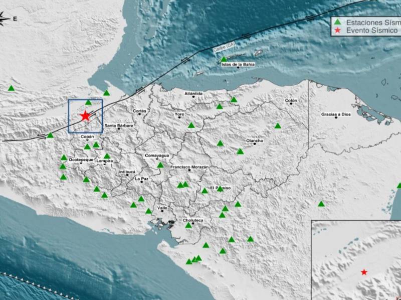 Epicentro del sismo registrado al mediodía de este miércoles y que se percibió en Guatemala y Honduras.