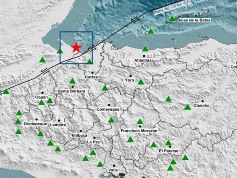Epicentro del sismo registrado esta mañana de miércoles, 5 de agosto de 2026, cerca de Omoa, Cortés.