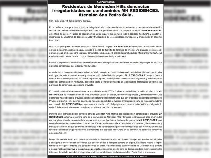 Comunicado de los residentes de Merendon Hills, denuncian irregularidades en condominios MH RESIDENCES.
