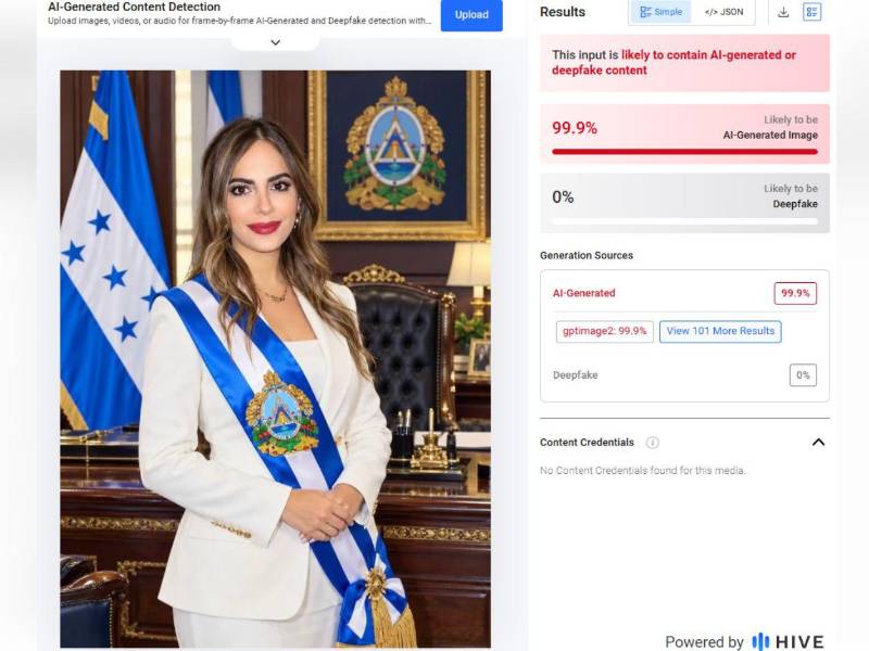 Captura de pantalla del resultado del análisis de Hive Moderation.