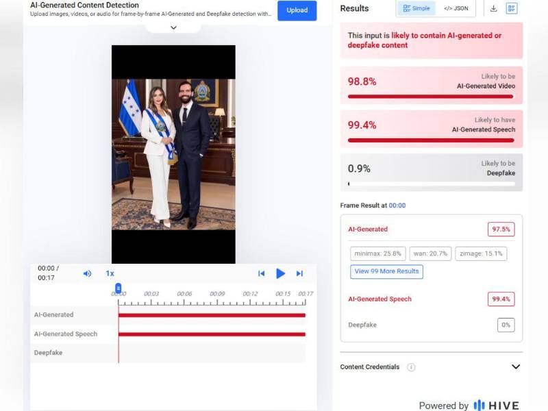 Captura de pantalla del resultado del análisis de Hive Moderation.
