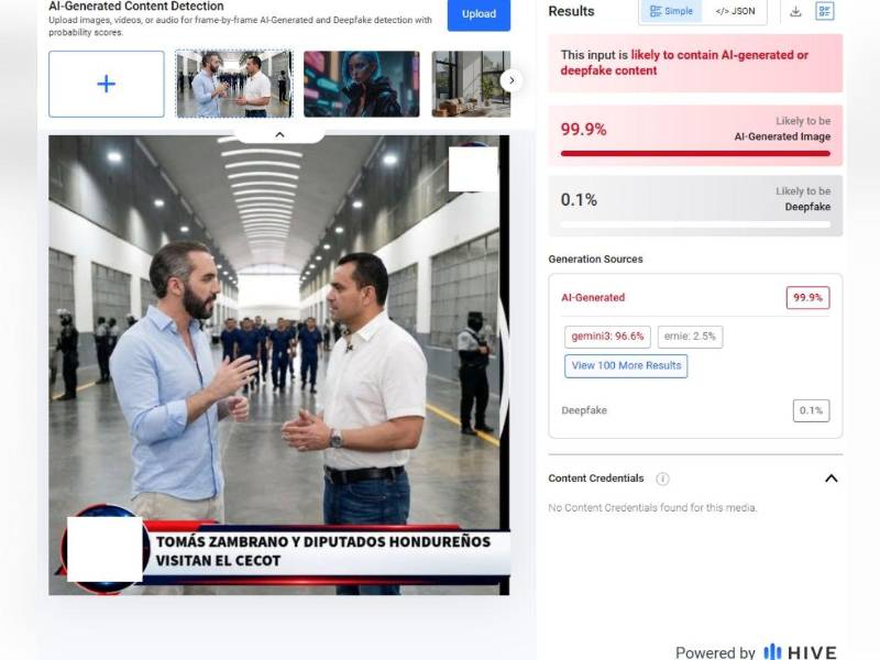 Captura de pantalla al análisis realizado en Hive Moderation.