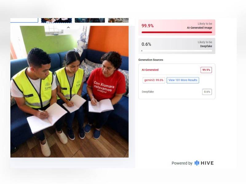 Captura de pantalla a los resultados de Hive Moderation sobre el análisis de la imagen hecha el 12 de agosto de 2026.
