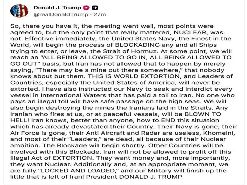 El presidente de Estados Unidos, Donald Trump, en un mensaje difundido en su red social, Truth Social, anunció este domingo que su país tomará el control del estrecho de Ormuz con efecto inmediato después de que las negociaciones con Irán en Pakistán finalizaran sin un acuerdo para su reapertura. EFE/Truth Social Donald Trump.