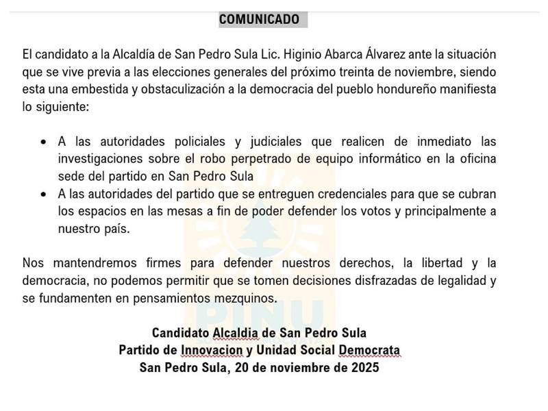 Se roban computadora con información electoral clave de la sede del PINU en San Pedro Sula