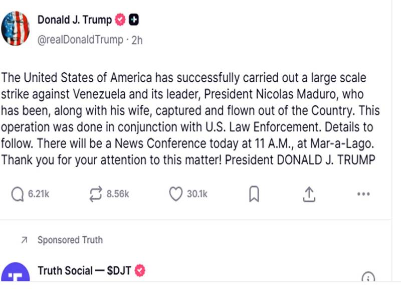 Donald Trump: “EE UU ha llevado a cabo con éxito un ataque contra Venezuela”