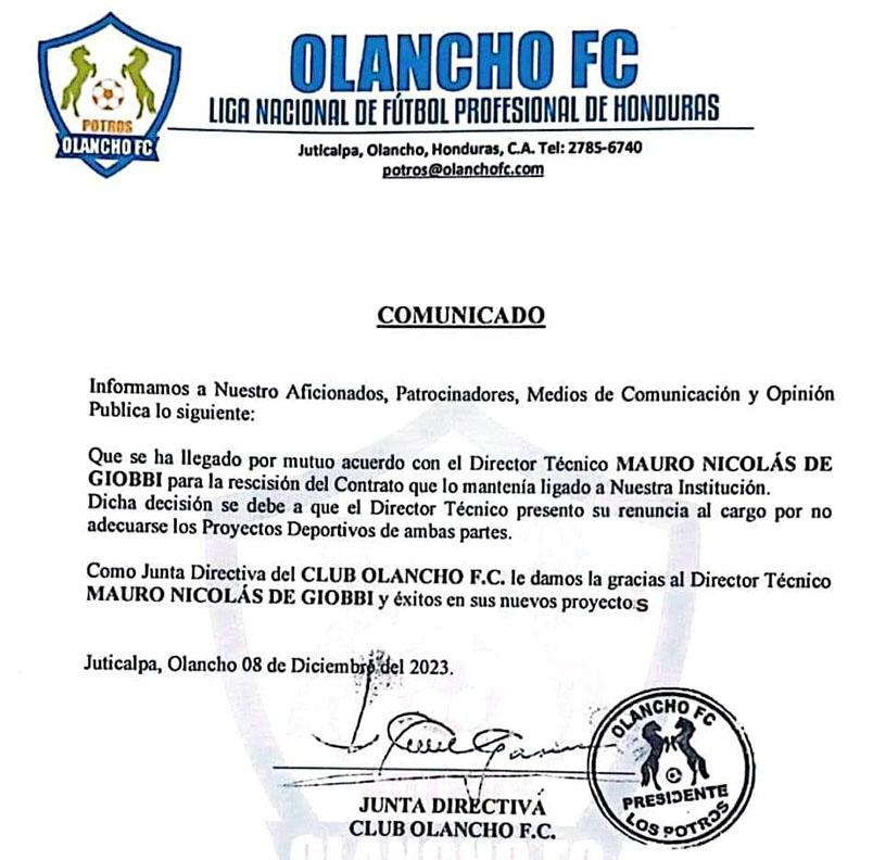 Comunicado del Olancho FC donde anuncian el adiós del técnico Mauro De Giobbi.