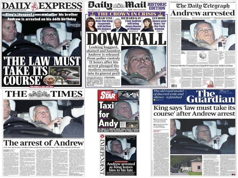 Combo fotográfico de las cabeceras de varios diarios británicos de este viernes que lleva a sus portadas la salida de expríncipe Andrés de dependencias policiales. EFE