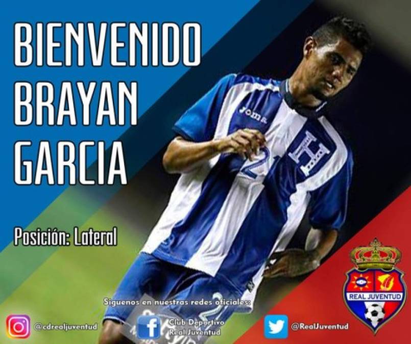 Brayan García: Tras ser dado de baja en Real España, decidió jugar en la segunda división y fue anunciado como fichaje del Real Juventud de la Liga de Ascenso.