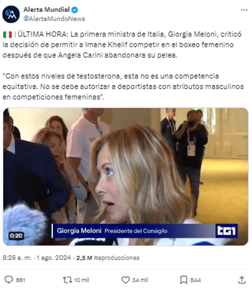 La primera ministra de Italia, Giorgia Meloni, criticó la decisión de permitir a Imane Khelif competir en el boxeo femenino después de que Angela Carini abandonara su pelea.