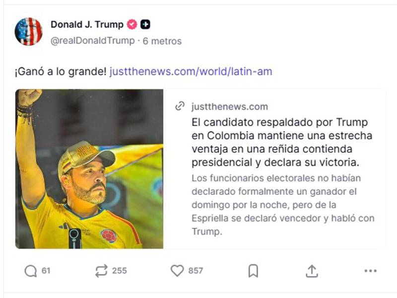 Captura de una publicación de la cuenta en Truth Social @realDonaldTrump del presidente de EE.UU., Donald Trump.