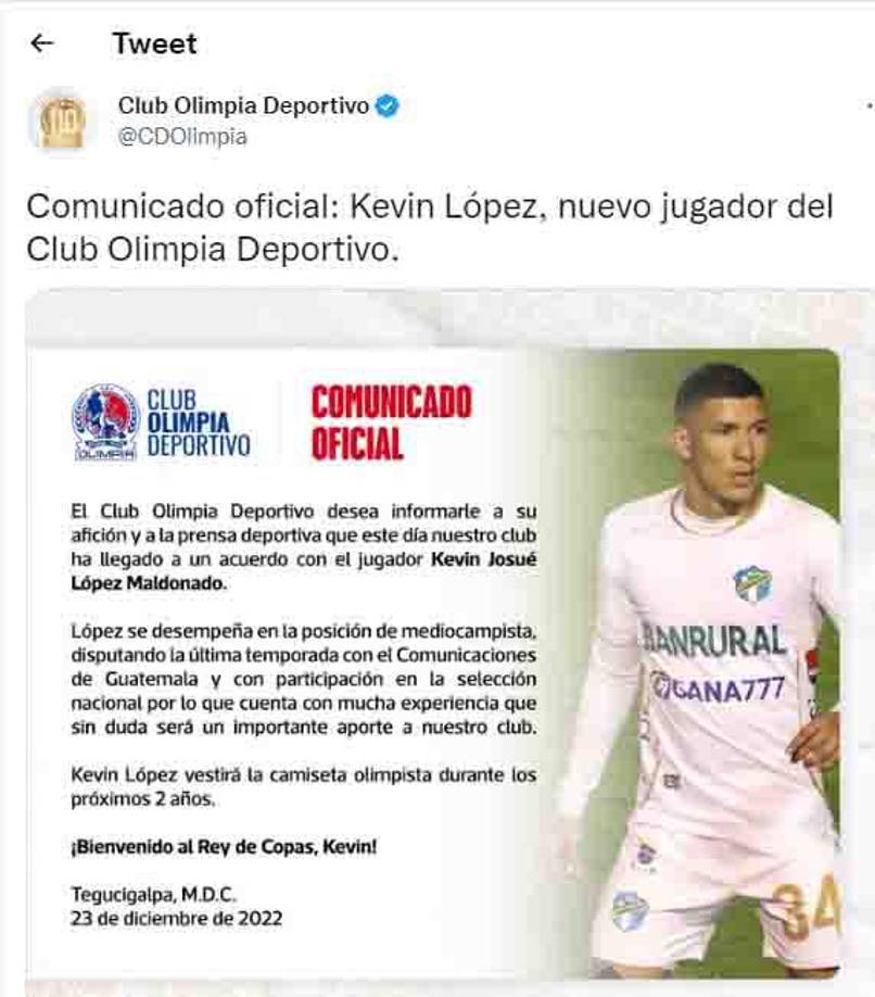 Mediante comunicado, el Olimpia notificó que Kevin López firmó por dos temporada con ellos. 