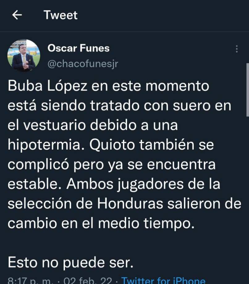 El periodista Óscar Fúnez estuvo presente en el Allianz Field e informó que “Buba” López tuvo que ser tratado con suero tras el final del primer tiempo debido al frío que estaba haciendo. El arquero tuvo que ser reemplazado para la segunda parte.