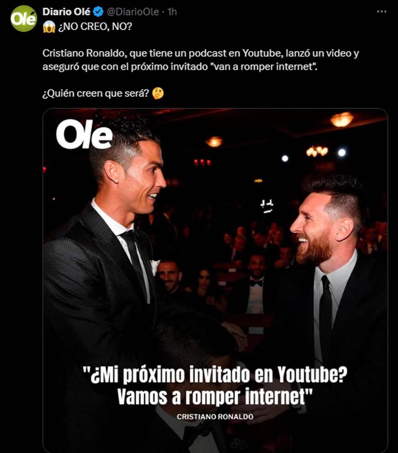 Ante esta noticia, muchos creen que la gran sorpresa será que tenga de invitado a Messi, lo cual sin duda haría estallar las redes sociales y el internet en general, aunque en realidad no reveló de quién se trata ni dio más detalles al respecto. Los diarios argentinos se ilusionan.