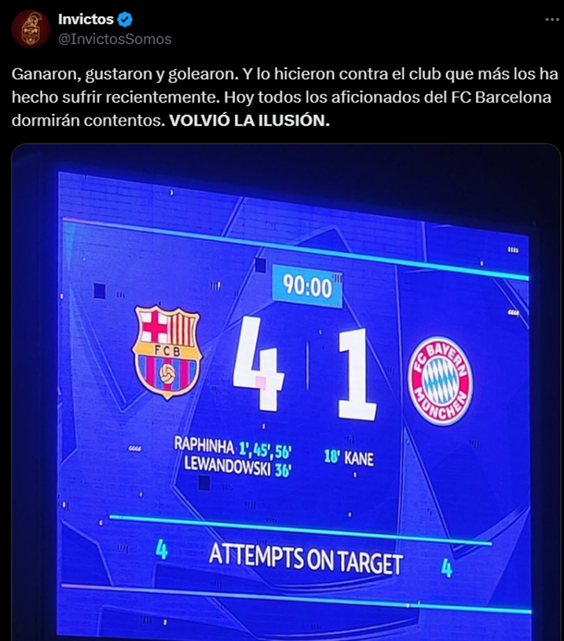 Y agregó: “Ganaron, gustaron y golearon. Y lo hicieron contra el club que más los ha hecho sufrir recientemente. Hoy todos los aficionados del FC Barcelona dormirán contentos. VOLVIÓ LA ILUSIÓN”
