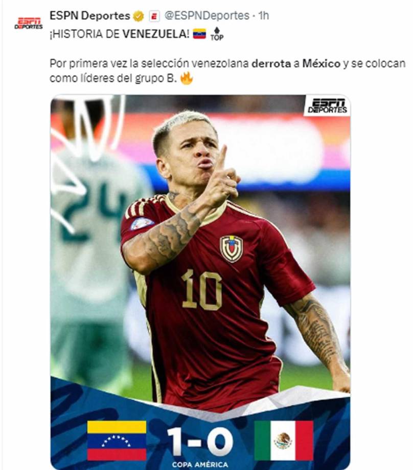 ESPN destacó el triunfo histórico de Venezuela sobrel Tri: “Por primera vez la selección venezolana derrota a México y se colocan como líderes del grupo B”.
