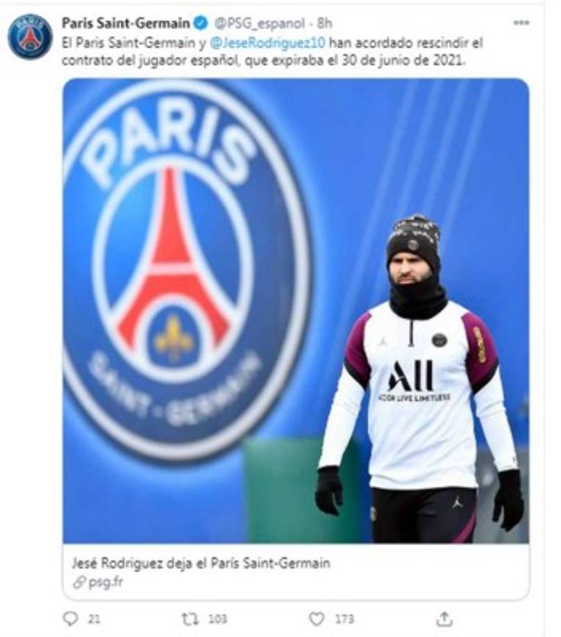 El PSG anunció de manera oficial este domingo que alcanzó un acuerdo con Jesé Rodríguez para rescindir el contrato del español de 27 años.