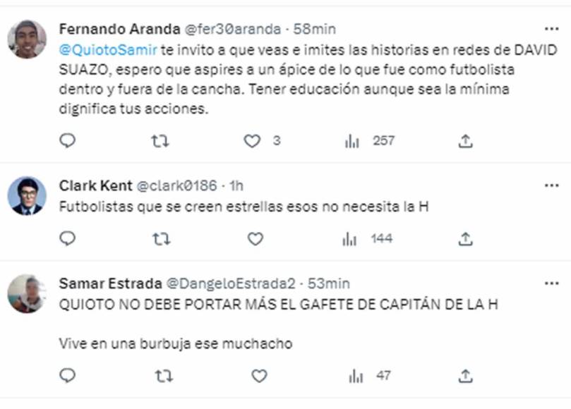 Los mensajes de usuarios en Twitter criticando a Romell Quioto por lo que dijo y por no querer pagar una entrada al estadio de Río Lindo.