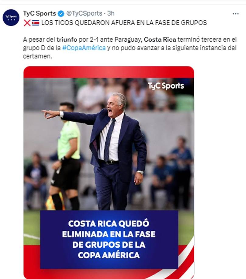 TyC Sports de Argentina - “Los ticos quedaron afuera en la fase de grupos”.