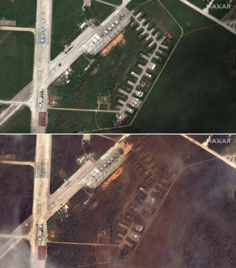 This combination of pictures from handout satellite images courtesy of Maxar Technologies released on August 11, 2022 shows the Saki airbase at Novofedorivka, Crimea, before (up) and after ( down) the reported attack . - Moscow insisted that major blasts at a key military airbase on the Russian-annexed Crimea peninsula were caused by exploding ammunition rather than Ukrainian fire. (Photo by Satellite image ©2022 Maxar Technologies / AFP) / RESTRICTED TO EDITORIAL USE - MANDATORY CREDIT "AFP PHOTO / Satellite image ©2022 Maxar Technologies" - NO MARKETING NO ADVERTISING CAMPAIGNS - DISTRIBUTED AS A SERVICE TO CLIENTS