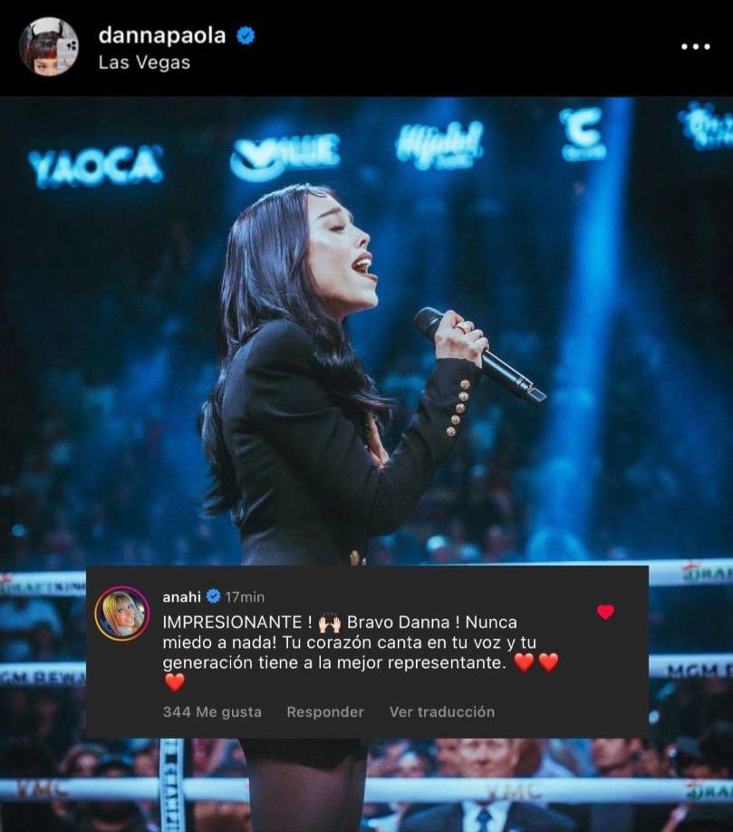 ”¡Impresionante, Bravo Danna! Nunca miedo a nada, tú corazón canta en tu voz y tú generación tiene a la mejor representante”, escribió Anahí en la publicación de la exintegrante de la serie de Élite.