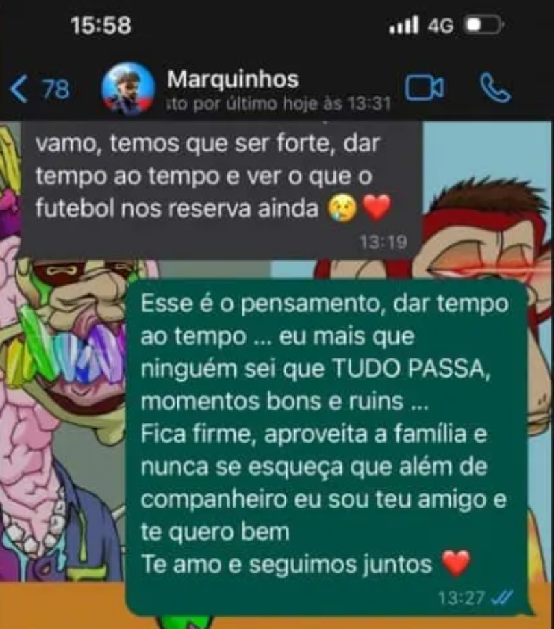 Neymar: “Ese es el pensamiento, dar tiempo al tiempo. Yo más que nadie sé que todo pasa, los momentos buenos y malos. Mantenete firme, aprovechá a la familia y nunca te olvides de que además de tu compañero soy tu amigo y te quiero bien. Te amo y seguimos juntos”.