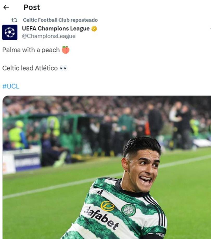 En sus cuentas oficiales de inglés, la UEFA también destacó al hondureño tras su golazo ante Atlético de Madrid.