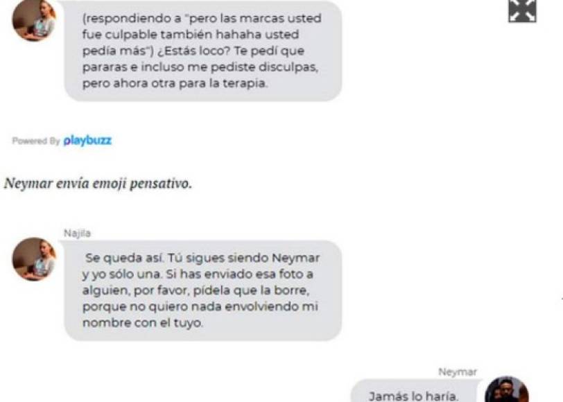En los mensajes de WhatsApp se lee que ella le reclama a Neymar de haberla golpeado supuestamente.