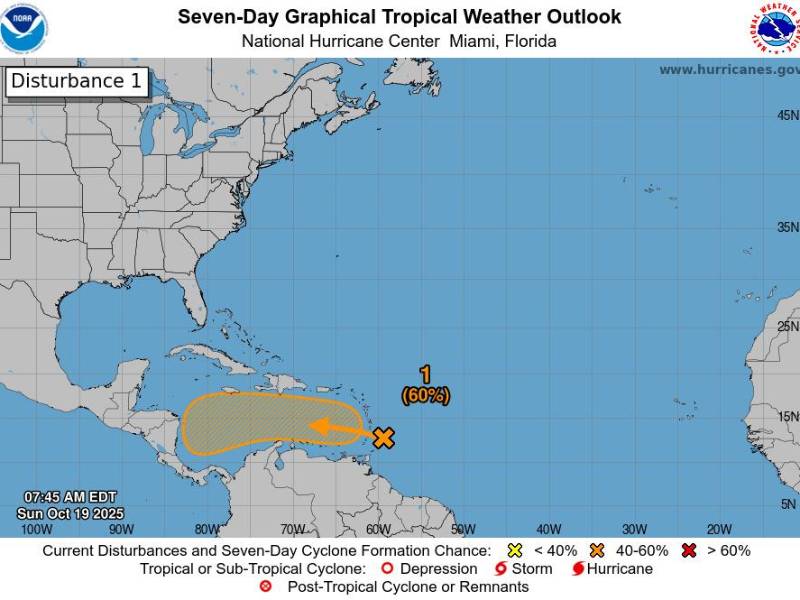 El pronóstico del NHC de EEUU sobre un sistema tropical en el Atlántico que podría afectar a Honduras.