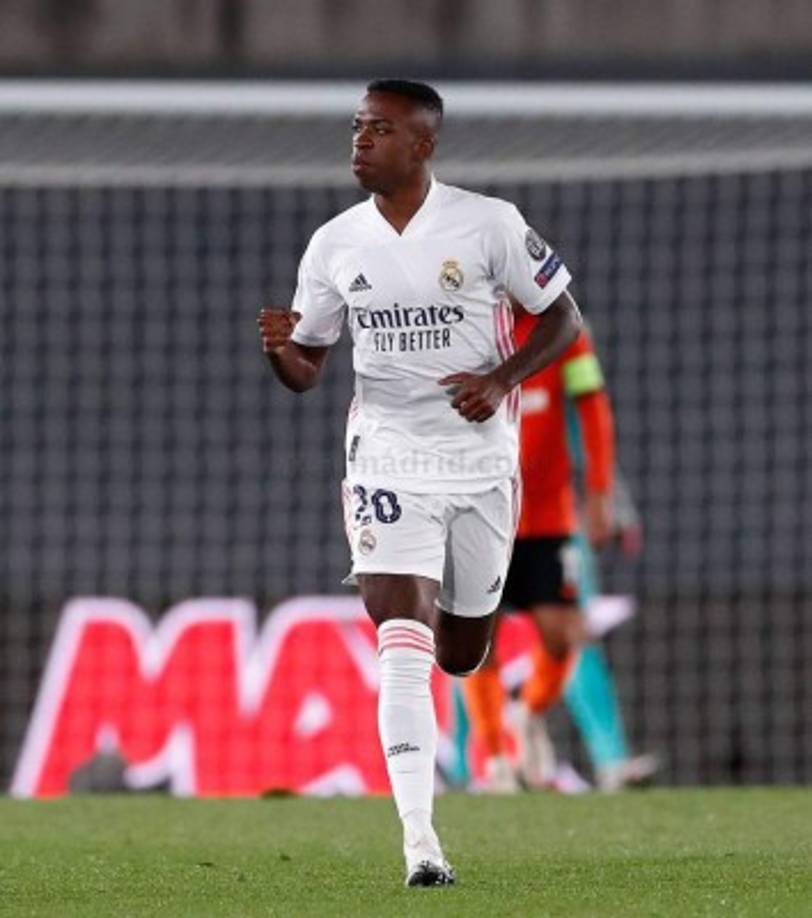 El festejo de Vinicius por su primer gol en esta Champions League.