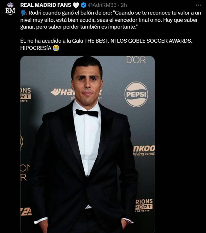 Tras ganar Vinicius el premio al Mejor Jugador del Mundo, muchos criticaron la ausencia de Rodri en la Gala de los Globe Soccer Awards, esto porque el español atizó contra el brasileño por no ir al Balón de Oro.