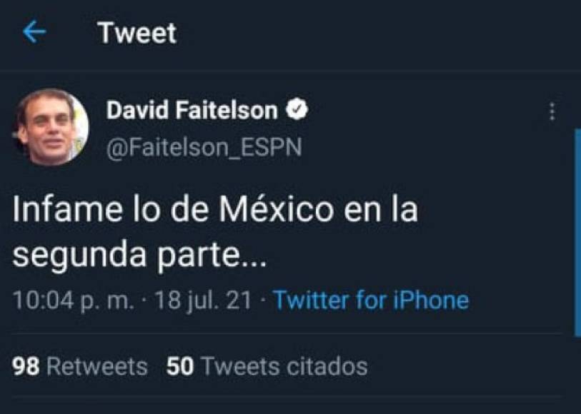 Conforme transcurría el partido, Faitelson se manifestaba en redes sociales y señaló de infame el partido de México en la segunda parte.