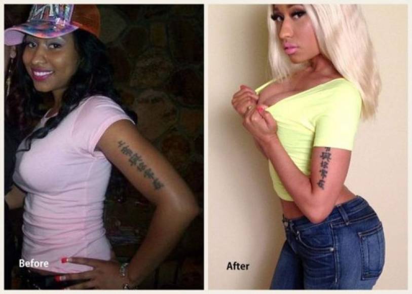 Niki Minaj: Al parecer tienen el mismo tatuaje pero cuesta creer que es la misma chica. Nicki no solo luce un cuerpo más curvilíneo, una melena rubia sino también un tono de piel más claro.