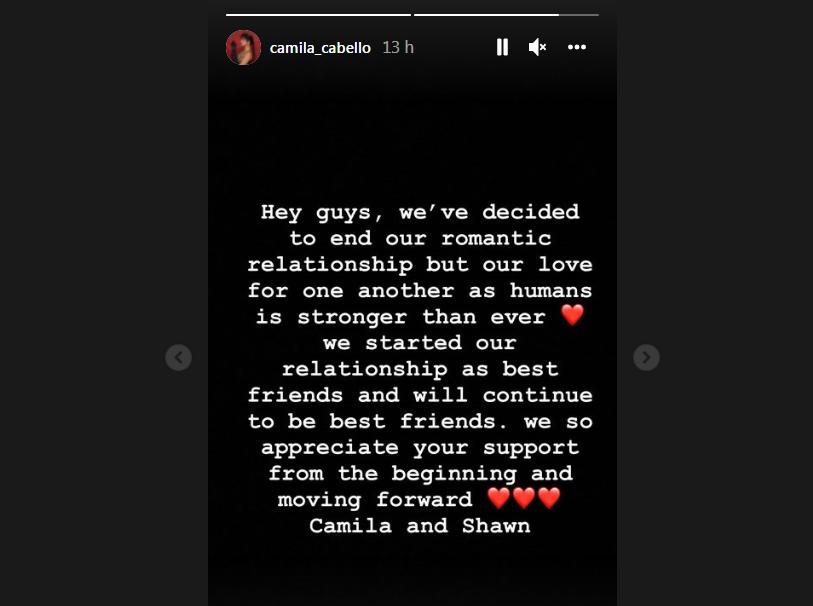 El comunicado que Camila y Shawn publicaron en sus redes sociales.