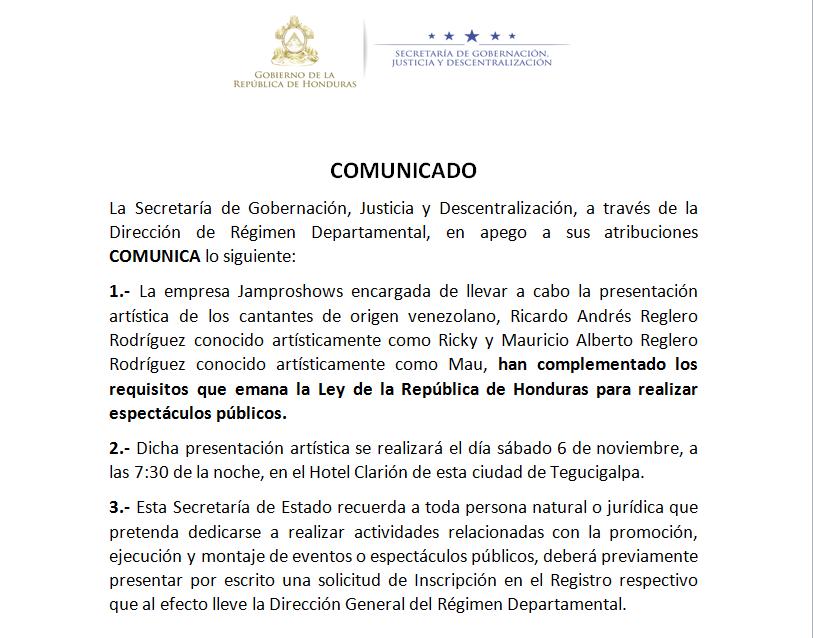El nuevo comunicado que compartió este jueves la Secretaría de Gobernación, Justicia y Descentralización.
