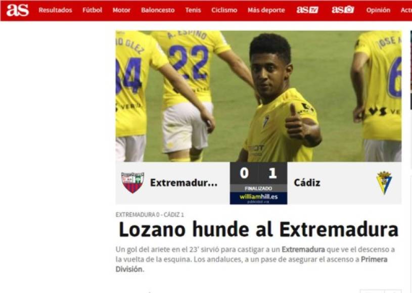 Diario As - 'Lozano hunde al Extremadura'. 'Un gol del ariete en el 23' sirvió para castigar a un Extremadura que ve el descenso a la vuelta de la esquina. Los andaluces, a un pase de asegurar el ascenso a Primera División'.