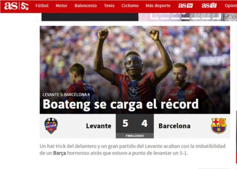 Diario AS: 'Boateng se carga el récord'. 'Su hat trick y un gran partido del Levante acaban con la imbatibilidad de un Barça que estuvo a punto de levantar un 5-1. El récord se queda en 43 partidos'.