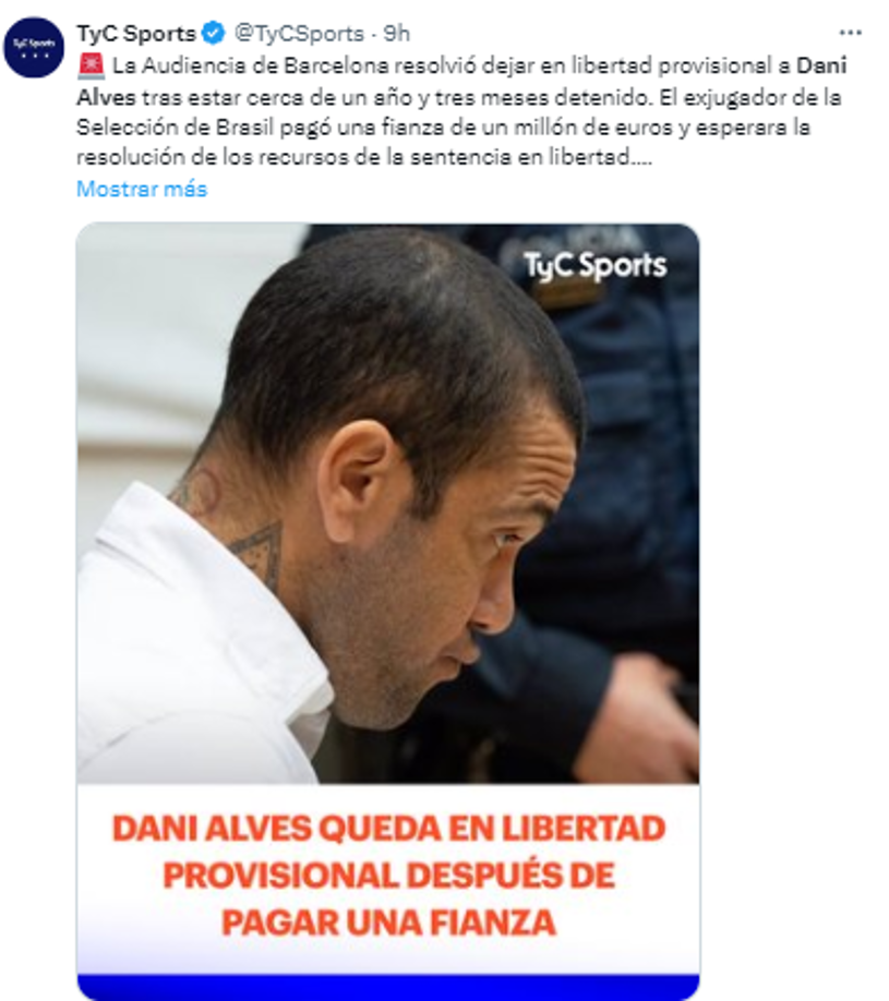Los medios en Argentina también compartieron la noticia sobre la libertad condicional de Dani Alves.