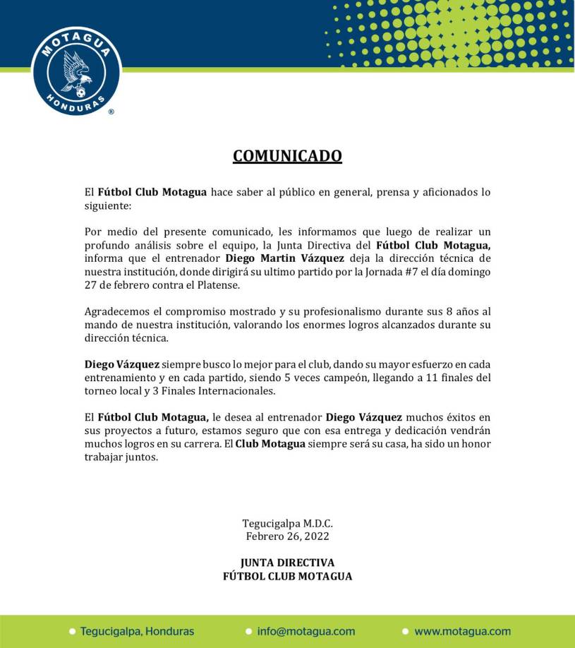 Mediante sus redes sociales, el Motagua hizo oficial el adiós de Diego Vázquez y señaló que en el duelo de este domingo ante Platense será su último partido en el banquillo del cuadro azul. La noticia de forma inmediata ha generado impacto a nivel nacional.