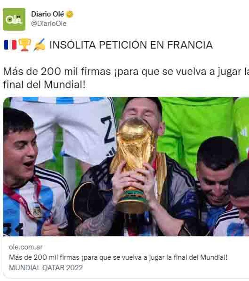“Insólita petición en Francia”, señala el diario Olé de Argentina.
