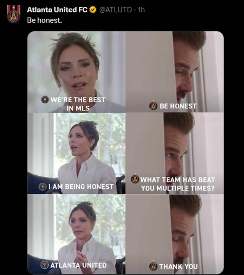 El Atlanta United se burló en sus redes sociales del Inter Miami con esta imagen en la que aparece David Beckham, presidente del club rosa, junto a su esposa Victoria, en una charla diciendo que el rival de turno los ha vencido tantas veces en la MLS. “Seamos honestos”.