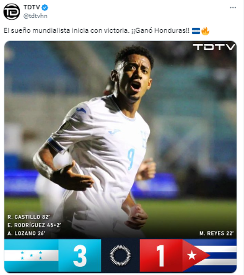 “El sueño mundialista inicia con victoria. ¡¡Ganó Honduras!!”, publicó TDTV.