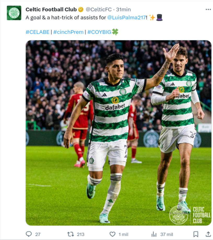 El Celtic resaltó su triplete de asistencias en sus redes sociales. 