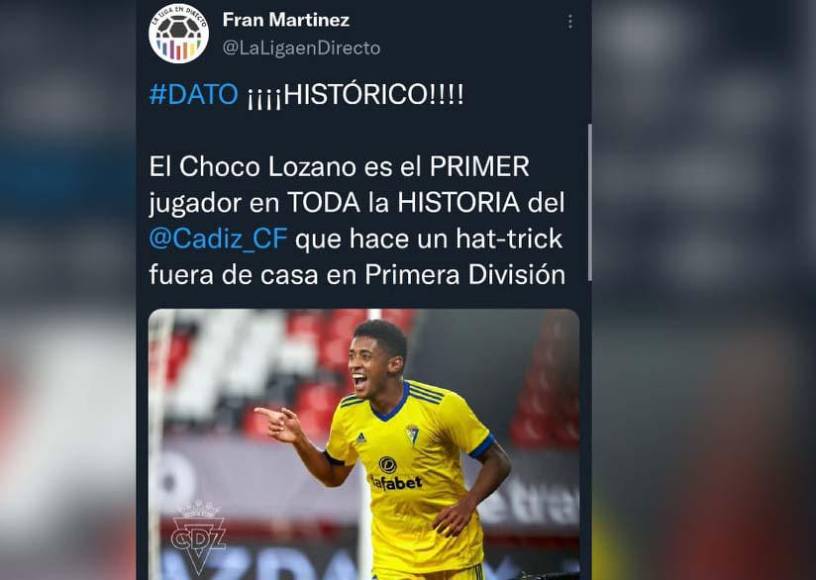 “El Choco Lozano es el primer jugador del Cádiz que logra un hat-trick en Primera División desde hace 35 años”, fue el espectacular dato que compartió el periodista Fran Martínez en su cuenta de Twitter.