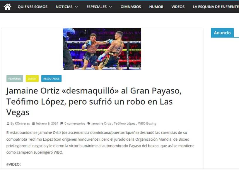 “Jamaine Ortiz ‘desmaquilló’ al Gran Payaso, Teófimo López, pero sufrió un robo en Las Vegas”, fue el titular de ‘En esta esquina’ en su portal web.