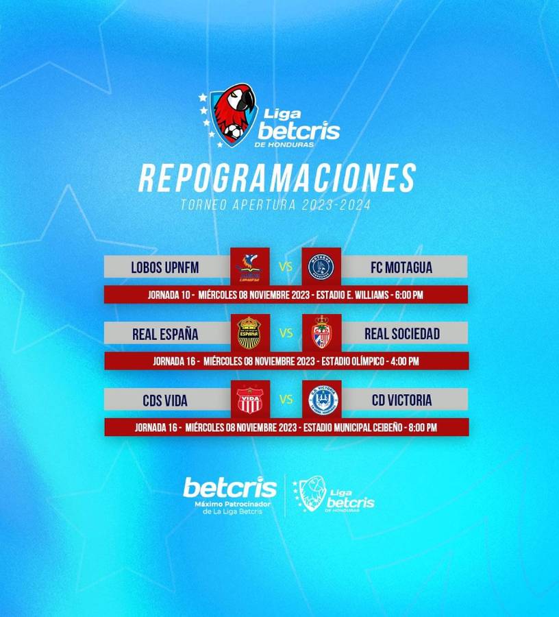Estos son los partidos reprogramados. Al de UPN-Motagua se le sumaron los juegos Real España-Real Sociedad y Vida-Victoria.