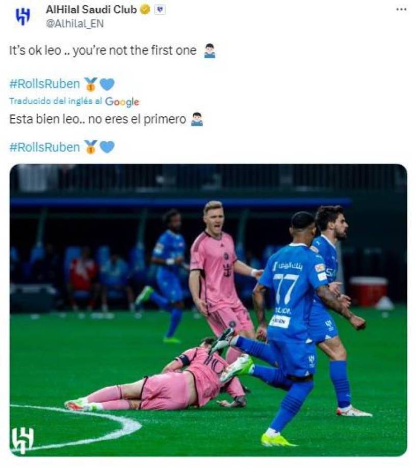 Al Hilal se burló del argentino en una jugada que cayó al suelo. Con ironía pusieron “Esta bien Leo... no eres el primero”. 