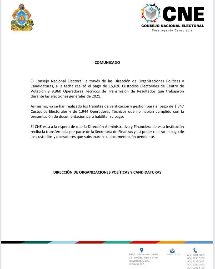 El comunicado del Consejo Nacional Electoral (CNE).