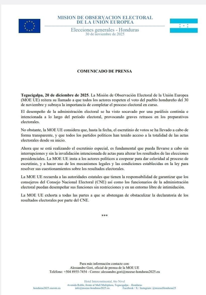 Comunicado oficial de la Misión de Observación Electoral de la Unión Europea (<b>MOE UE</b>).
